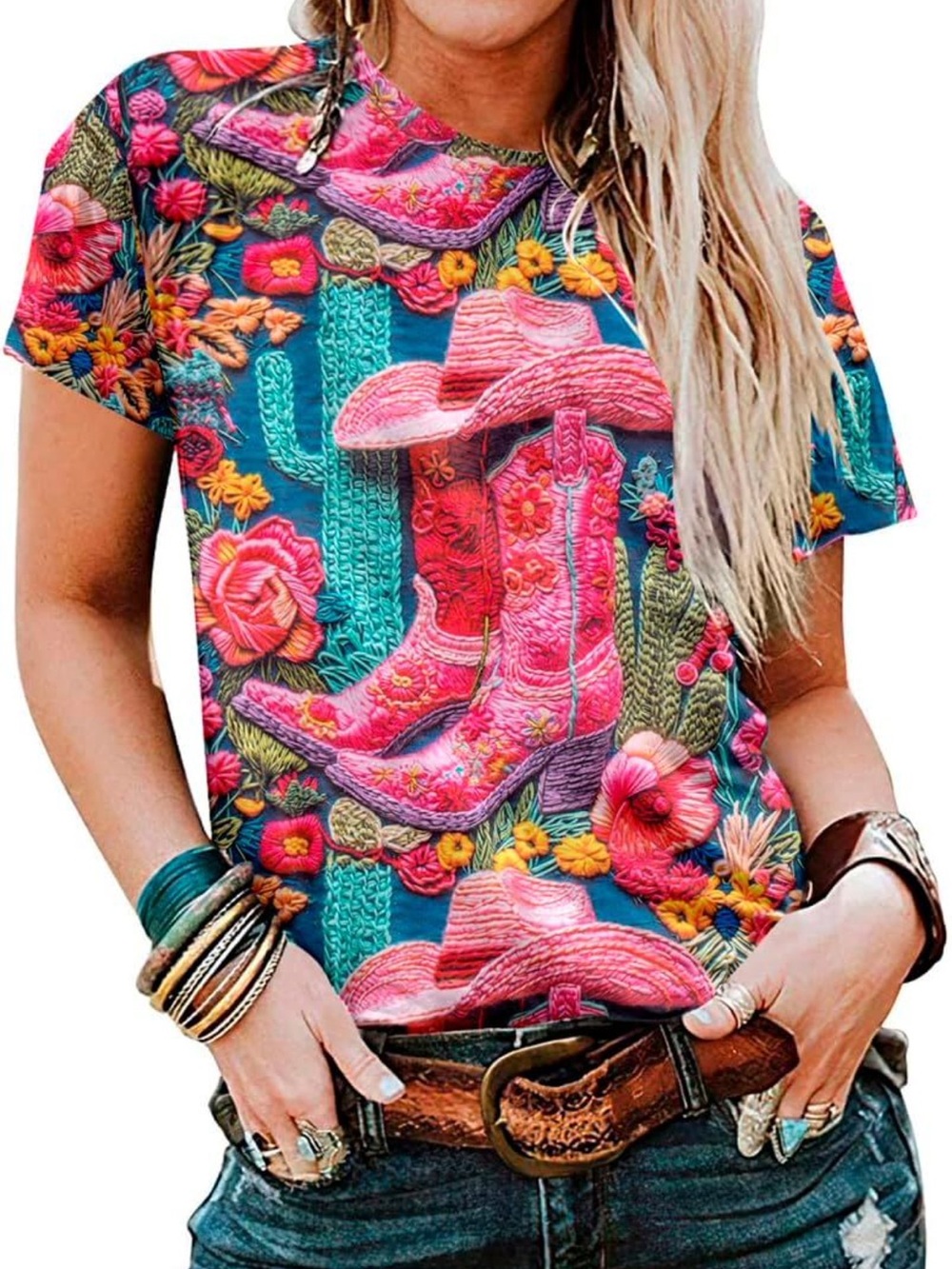 Women's Short-Sleeve Graphic Tee - Pink Cowboy Boot on Teal